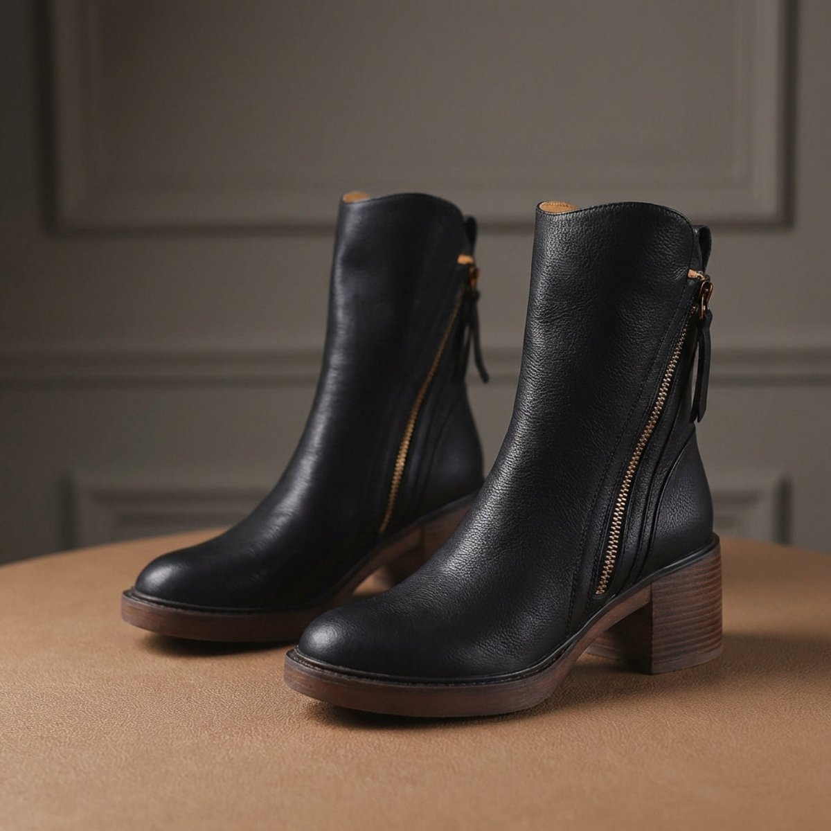 Lily | Women's Genuine Leather Side-Zip Black Boots Block Heel