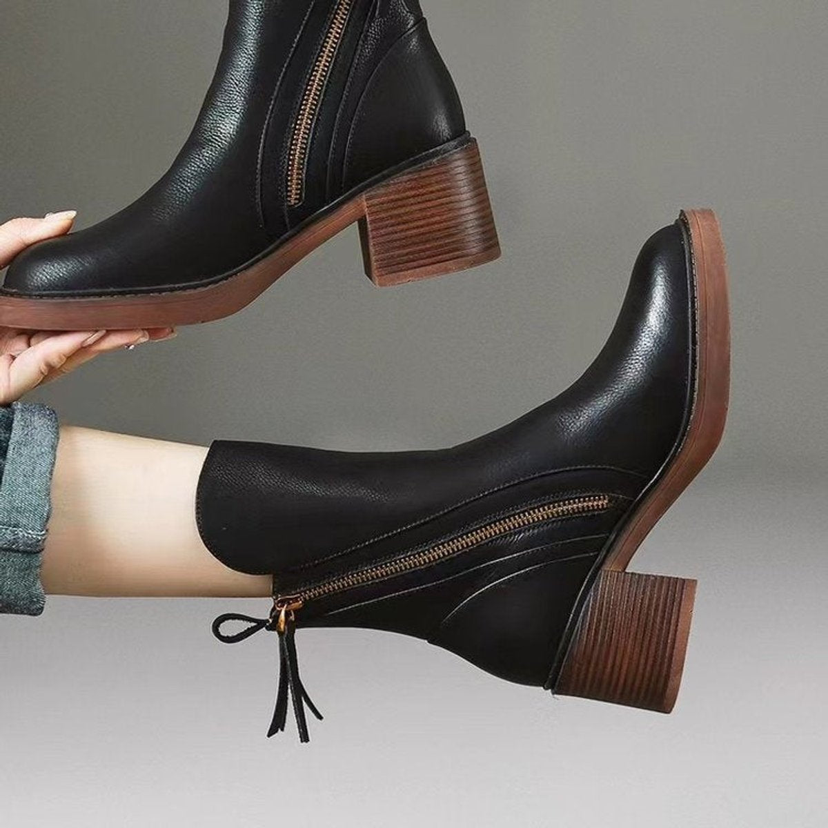 Lily | Women's Genuine Leather Side-Zip Black Boots Block Heel