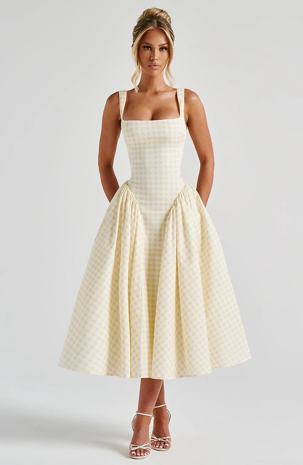 Women's Gingham Midi Dress with Lace-Up Back