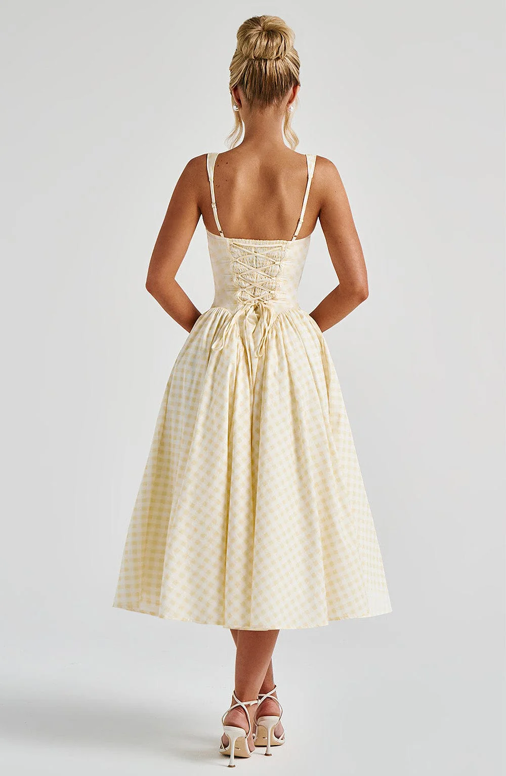 Women's Gingham Midi Dress with Lace-Up Back