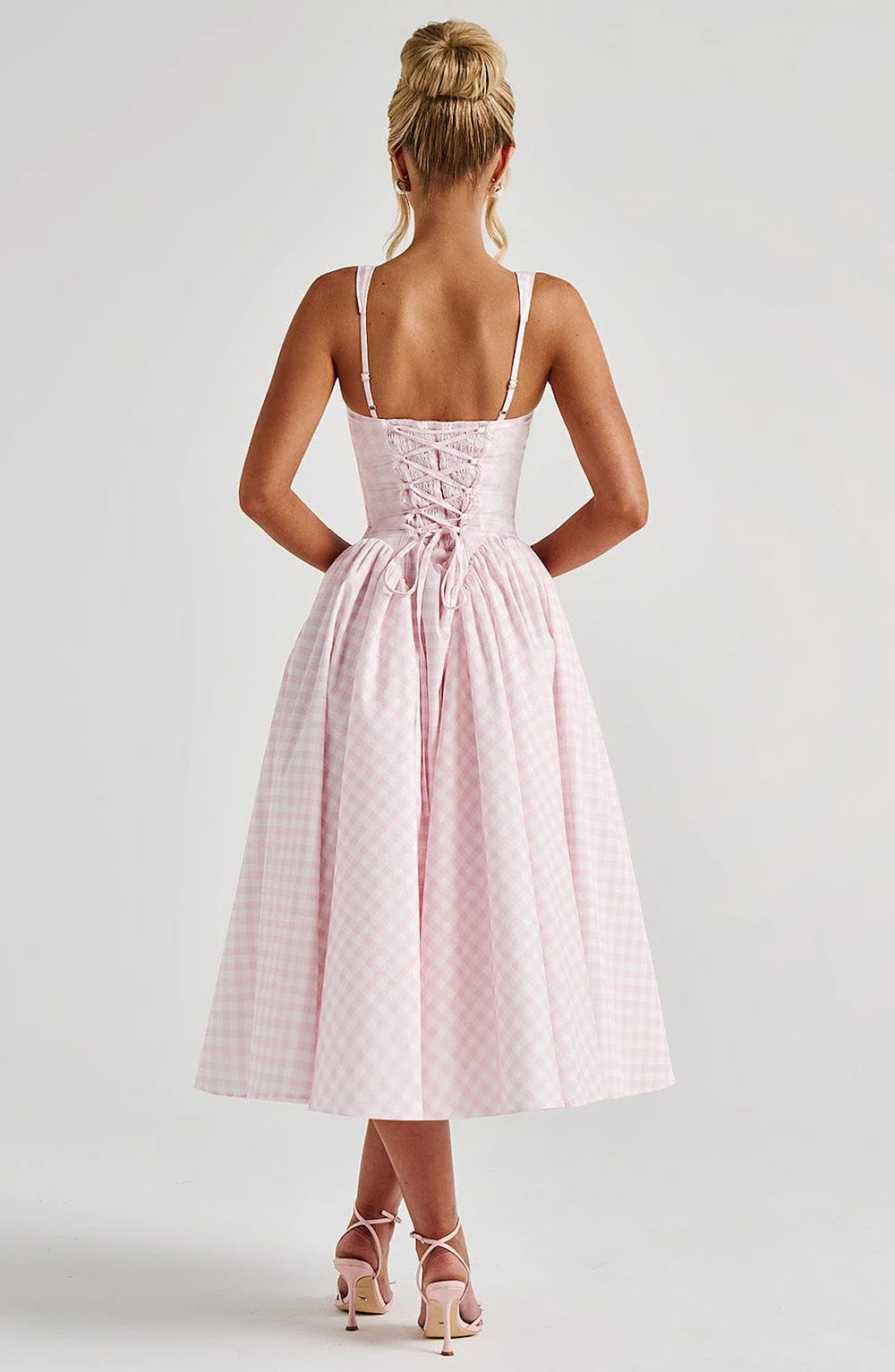 Women's Gingham Midi Dress with Lace-Up Back
