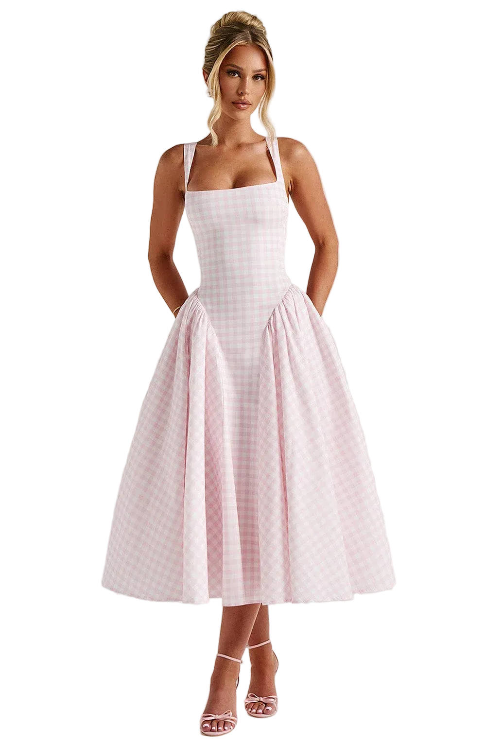 Women's Gingham Midi Dress with Lace-Up Back