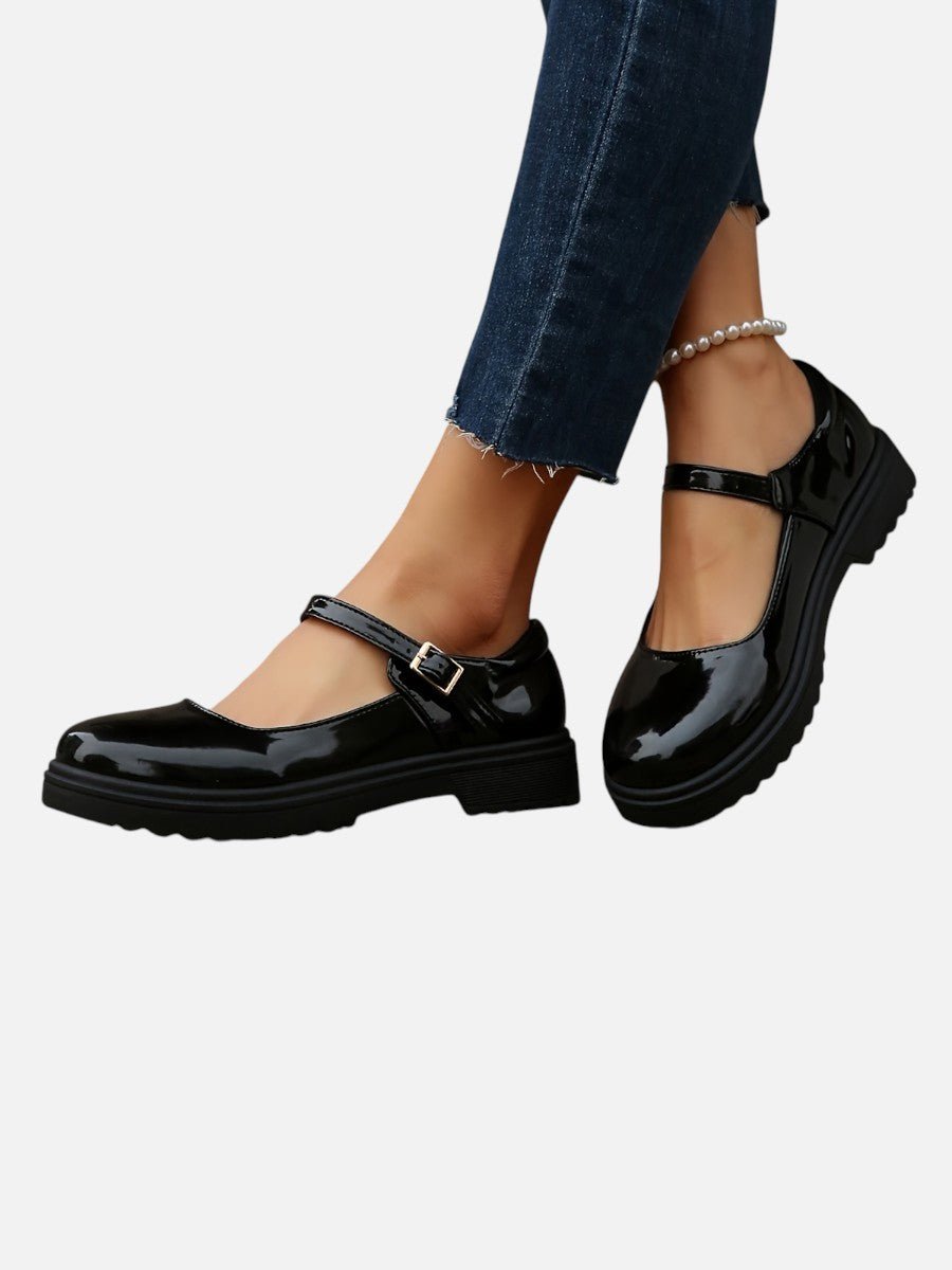 Sienna | Women's Glossy Patent Mary Jane Flat Loafer Boots Buckle Strap