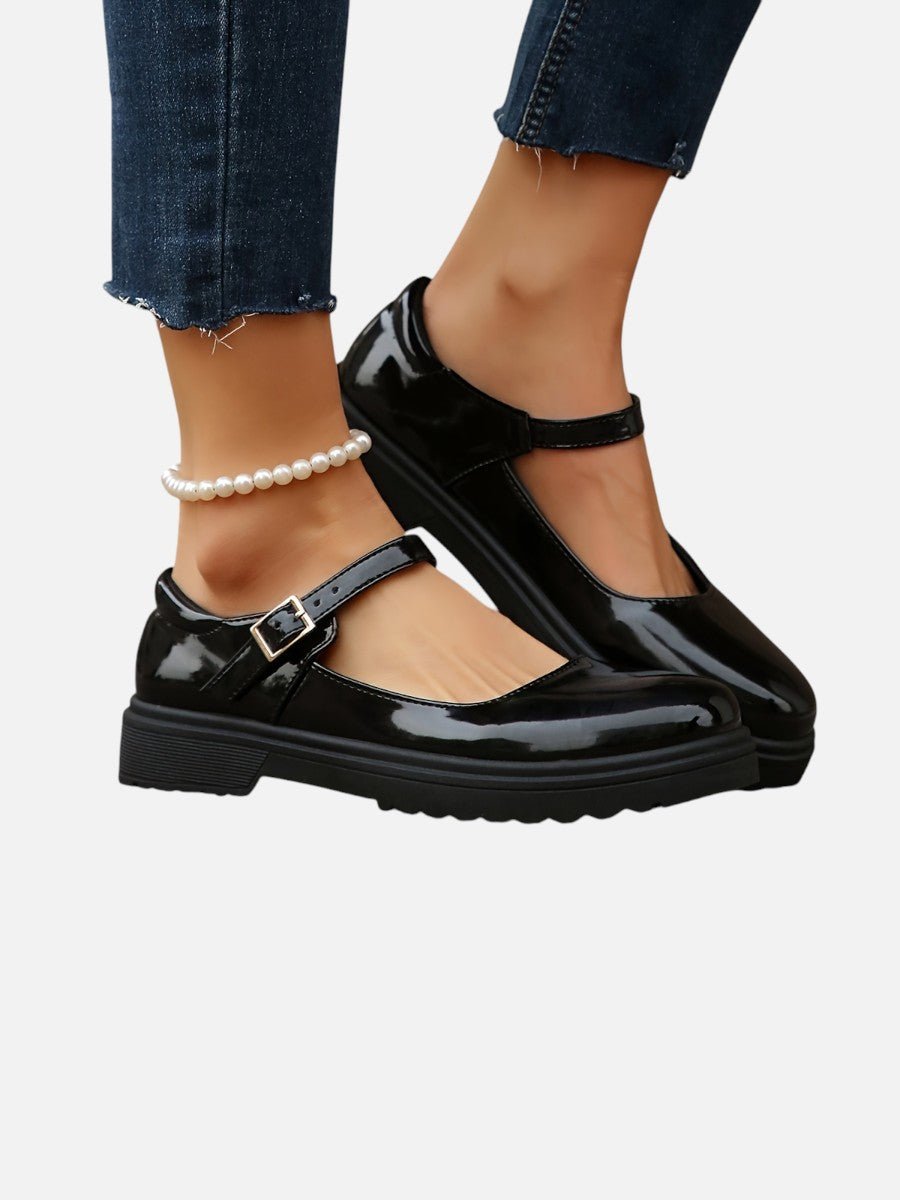 Sienna | Women's Glossy Patent Mary Jane Flat Loafer Boots Buckle Strap
