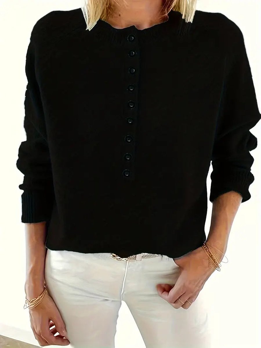 Olivia | Women's Half-Button V-Neck Knit Sweater Relaxed Pullover Jumper
