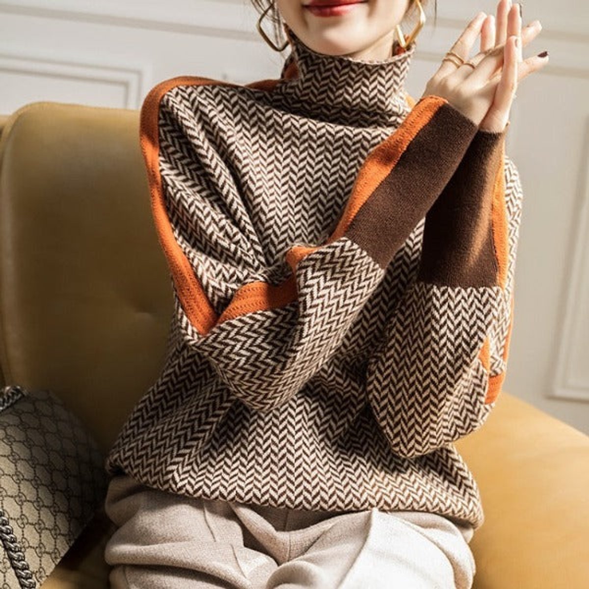 Isla | Women's Herringbone Oversized Turtleneck Sweater Contrast Trim