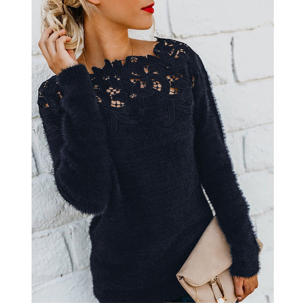 Isla | Women's Jumper Fluffy Knit Lace Floral Neckline Pullover