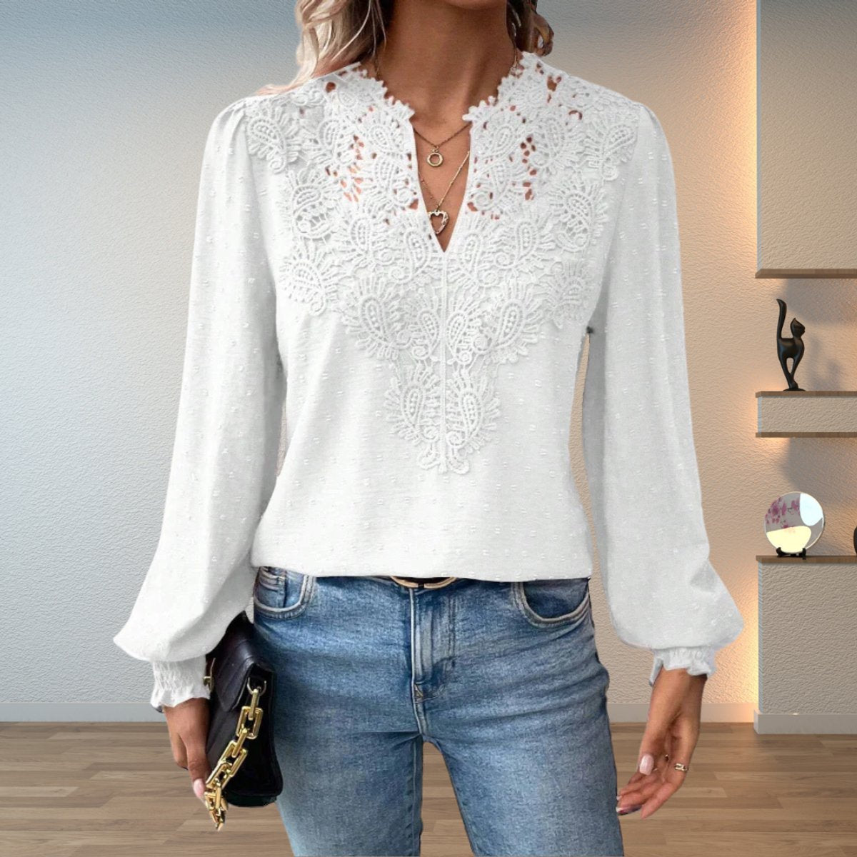 Sophie | Women's Lace Bodice V-Neck Long Sleeve Blouse