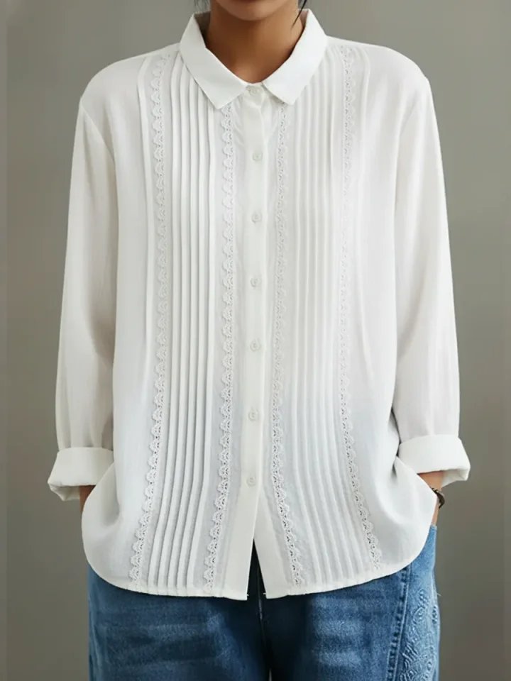 Sienna | Women's Lace Trim Pleated Front Button-Up Long Sleeve Blouse