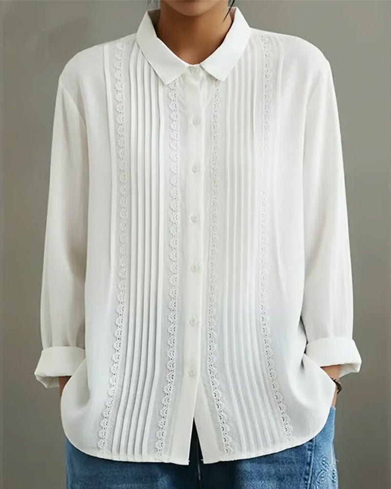 Sienna | Women's Lace Trim Pleated Front Button-Up Long Sleeve Blouse