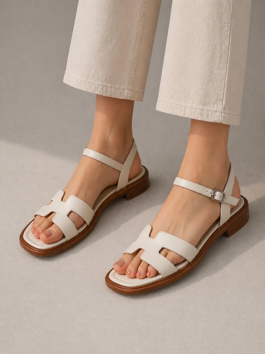 Olivia | Women's Leather H-Bar Buckle Ankle Strap Flat Sandals