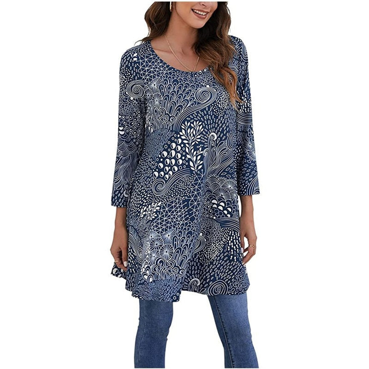 Evelyn | Women's Mandala Print 3/4 Sleeve Swing Tunic Top