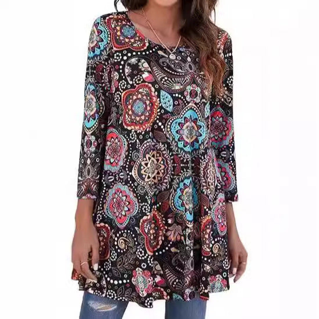 Evelyn | Women's Mandala Print 3/4 Sleeve Swing Tunic Top