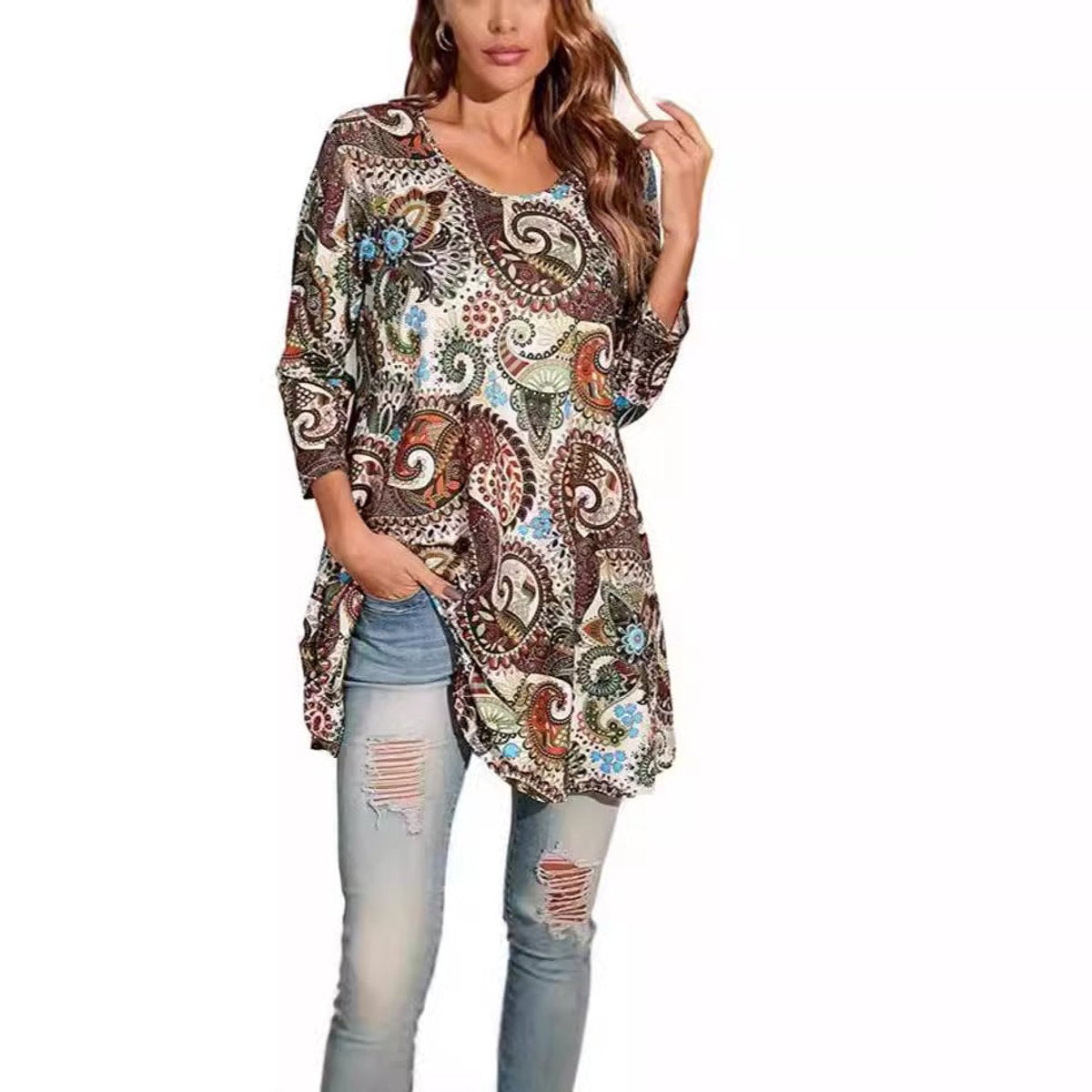 Evelyn | Women's Mandala Print 3/4 Sleeve Swing Tunic Top