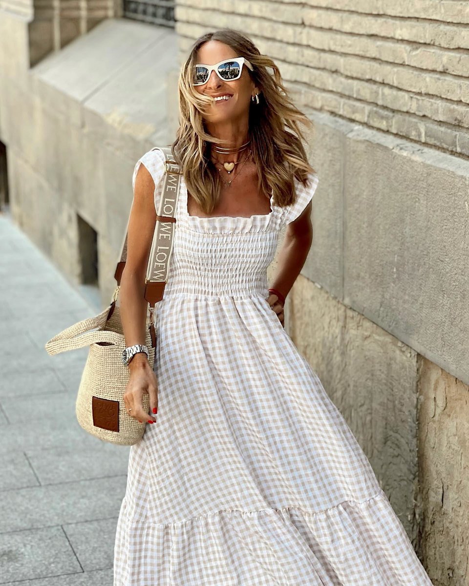 Mia | Womens Maxi Dress Gingham Smocked Waist Ruffle Sleeve
