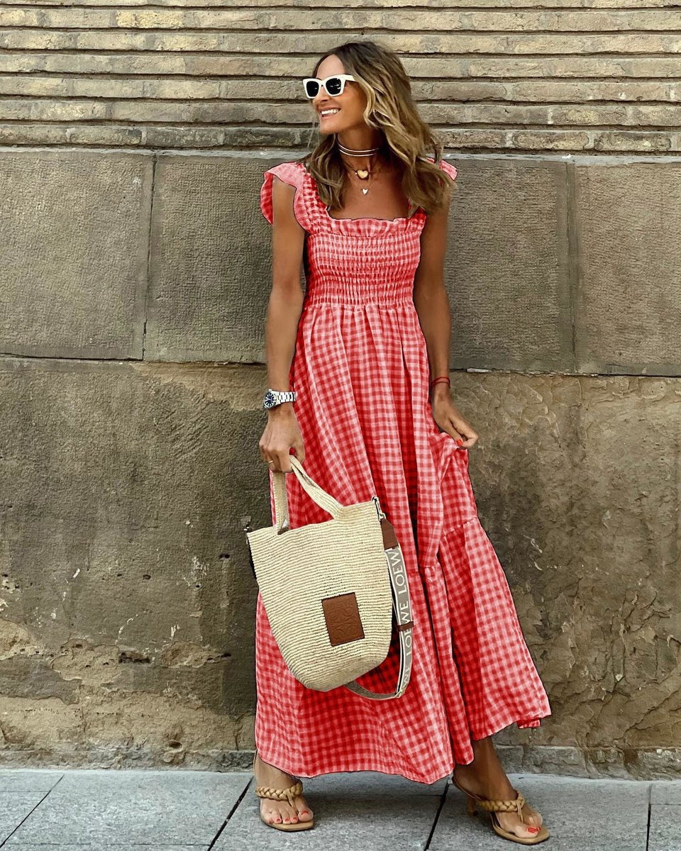Mia | Womens Maxi Dress Gingham Smocked Waist Ruffle Sleeve