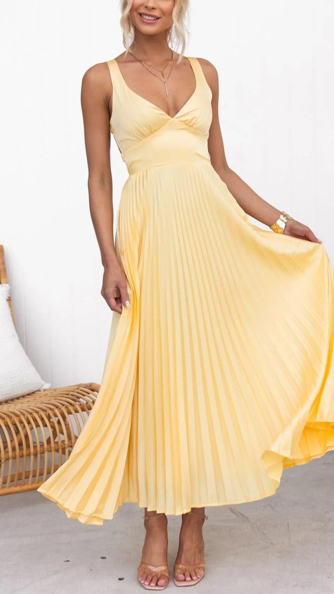 Grace | Womens Maxi Dress Pleated V-Neck Sleeveless Flared Gown
