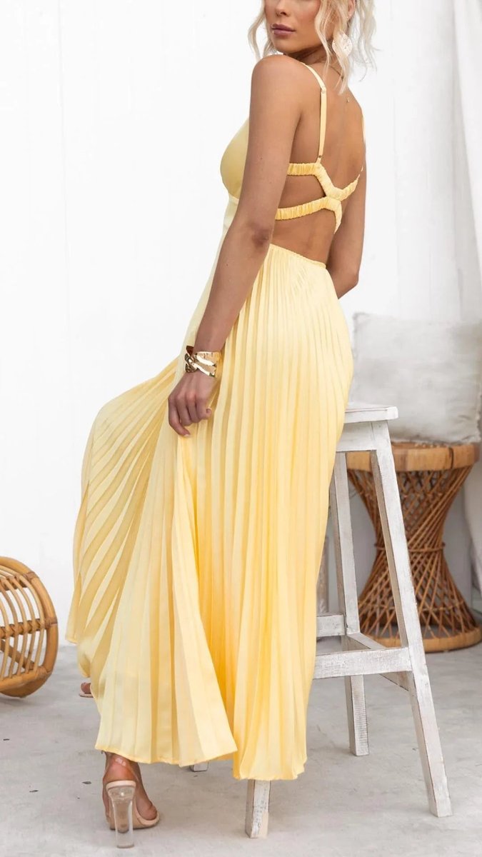 Grace | Womens Maxi Dress Pleated V-Neck Sleeveless Flared Gown