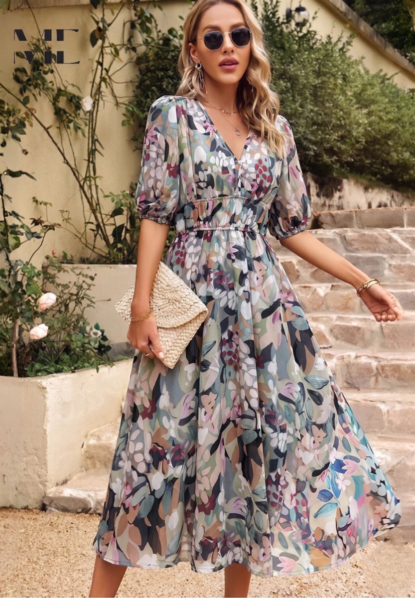 Evelyn | Womens Midi Dress Floral Print V-Neck Puff Sleeve A-Line