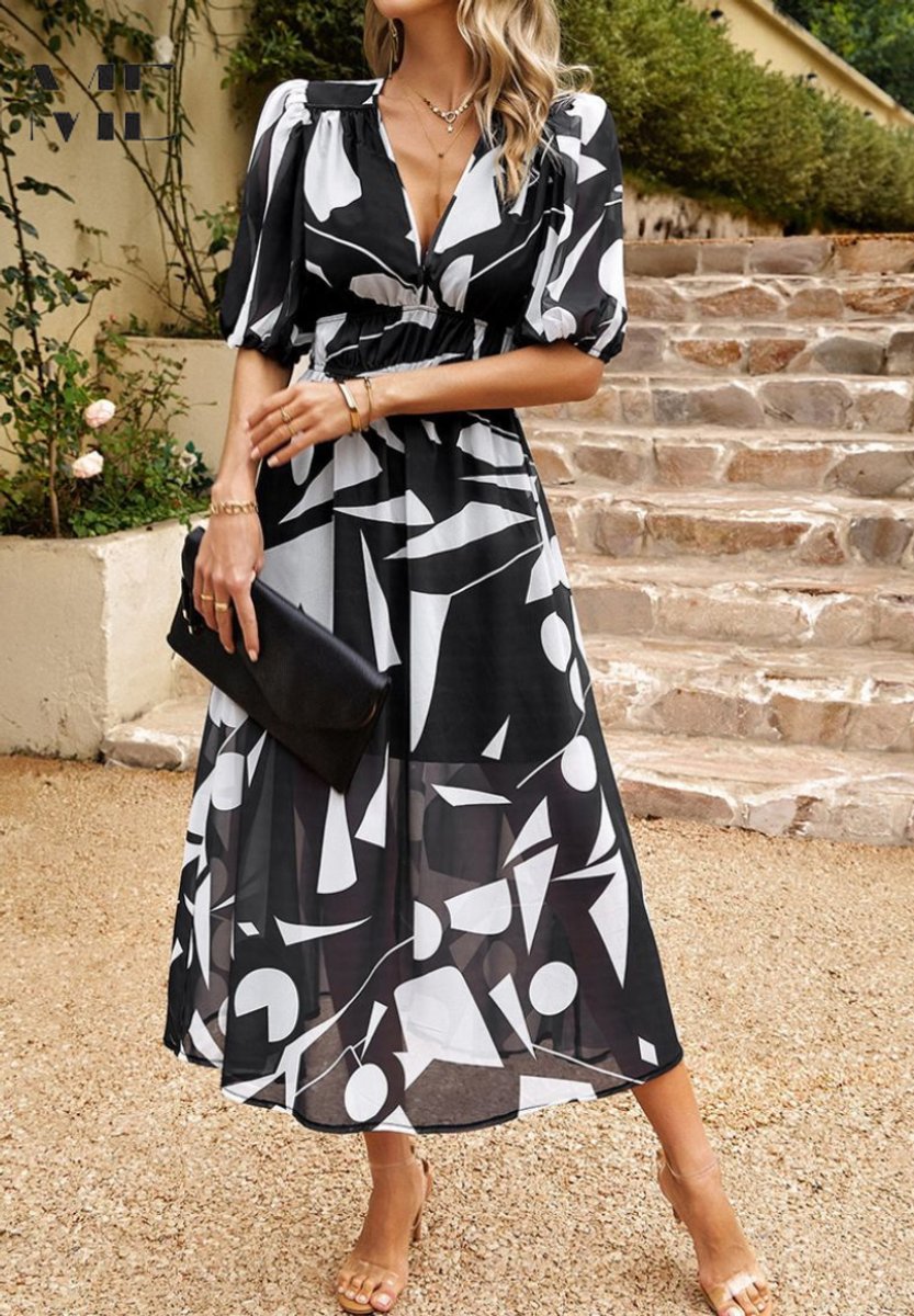Evelyn | Womens Midi Dress Floral Print V-Neck Puff Sleeve A-Line