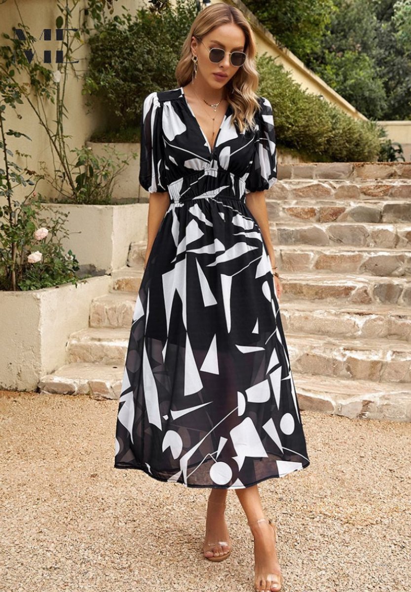 Evelyn | Womens Midi Dress Floral Print V-Neck Puff Sleeve A-Line