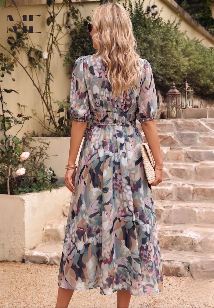 Evelyn | Womens Midi Dress Floral Print V-Neck Puff Sleeve A-Line