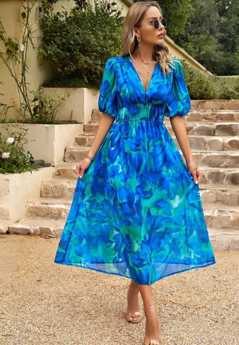 Evelyn | Womens Midi Dress Floral Print V-Neck Puff Sleeve A-Line
