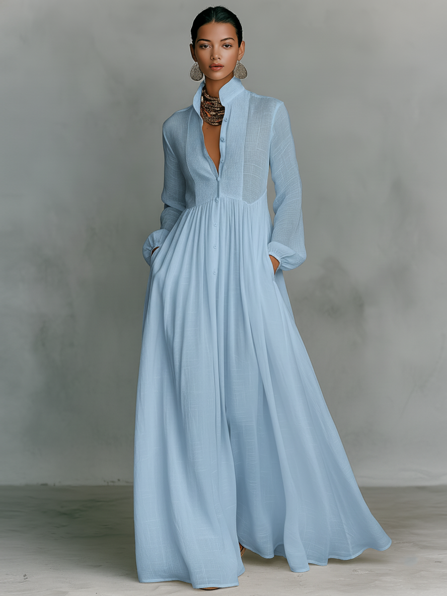 Women's Minimalist Long Sleeve Stand Collar Maxi Dress