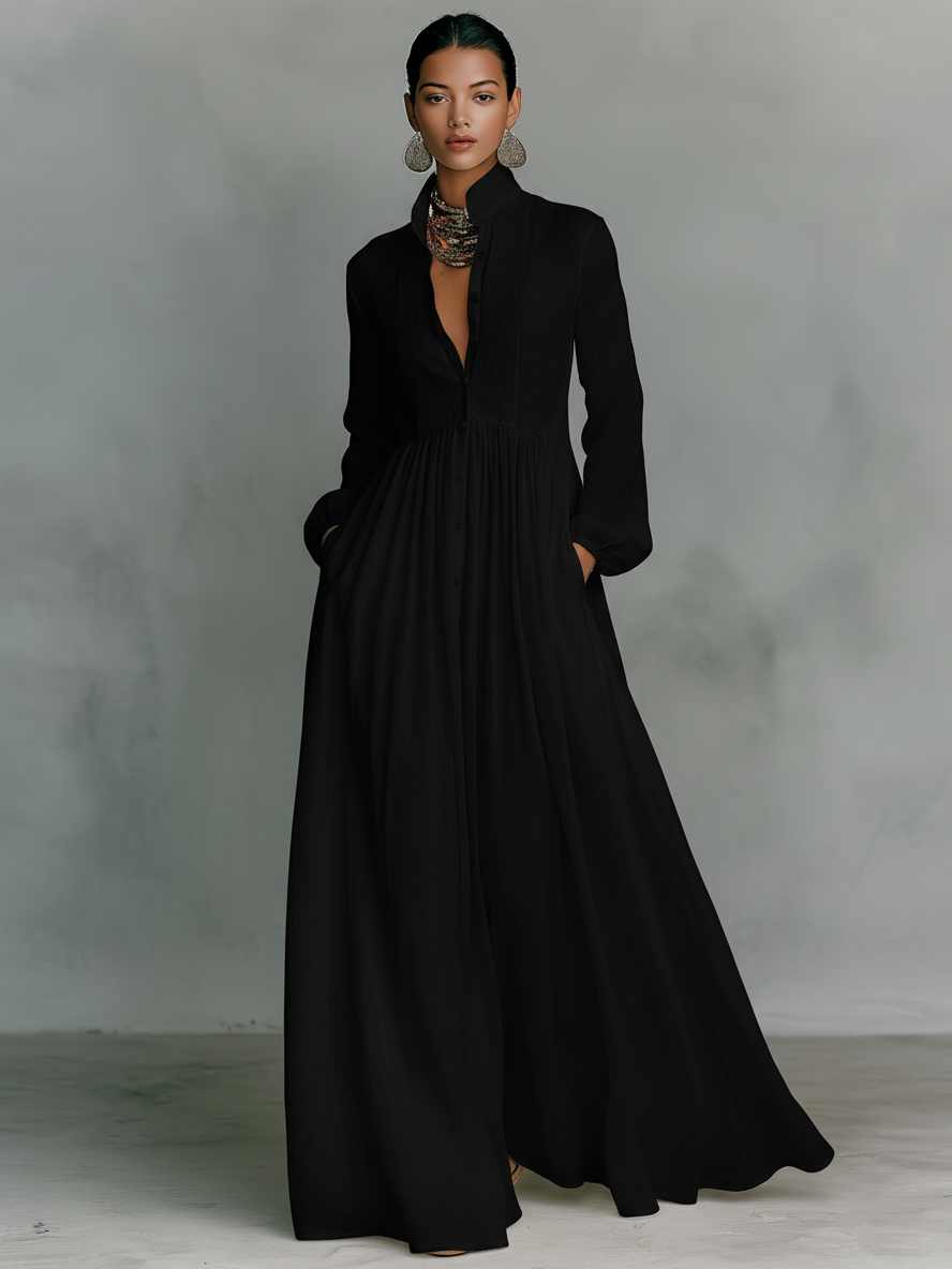 Women's Minimalist Long Sleeve Stand Collar Maxi Dress