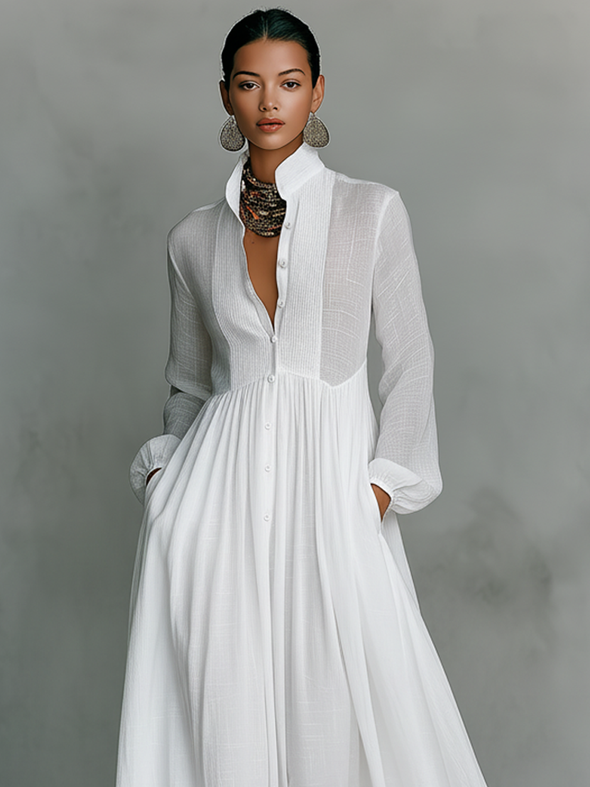 Women's Minimalist Long Sleeve Stand Collar Maxi Dress