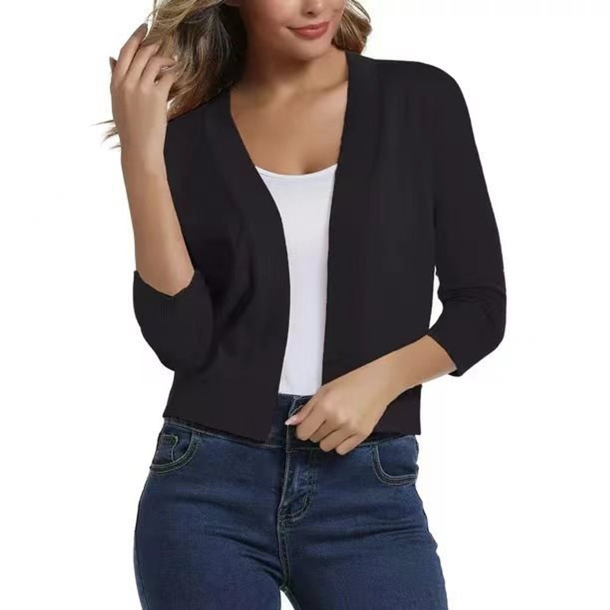 Isla | Women's Open-Front Three-Quarter Sleeve Cropped Cardigan