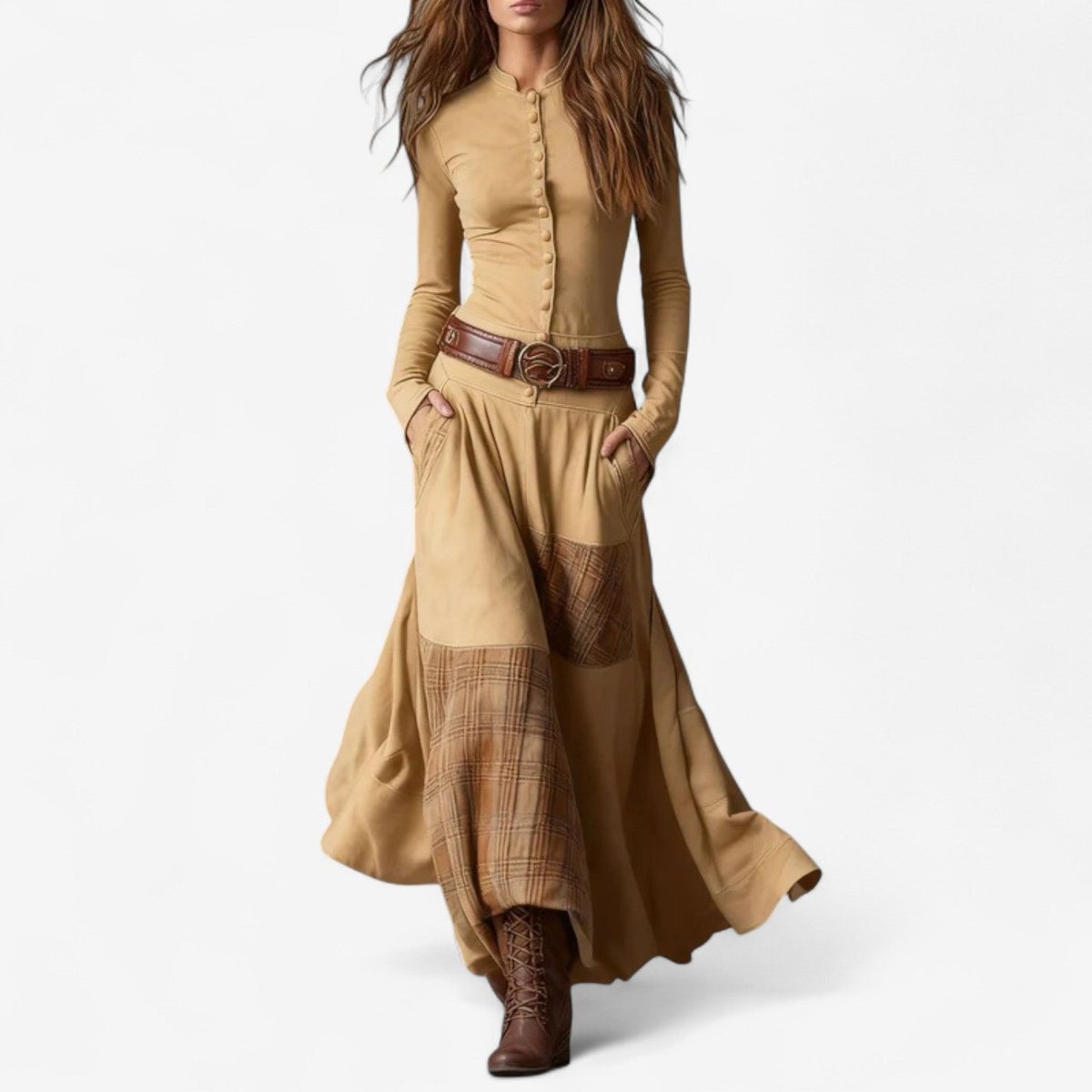Lily | Women's Patchwork Plaid Maxi Long Sleeve Dress Button-Front