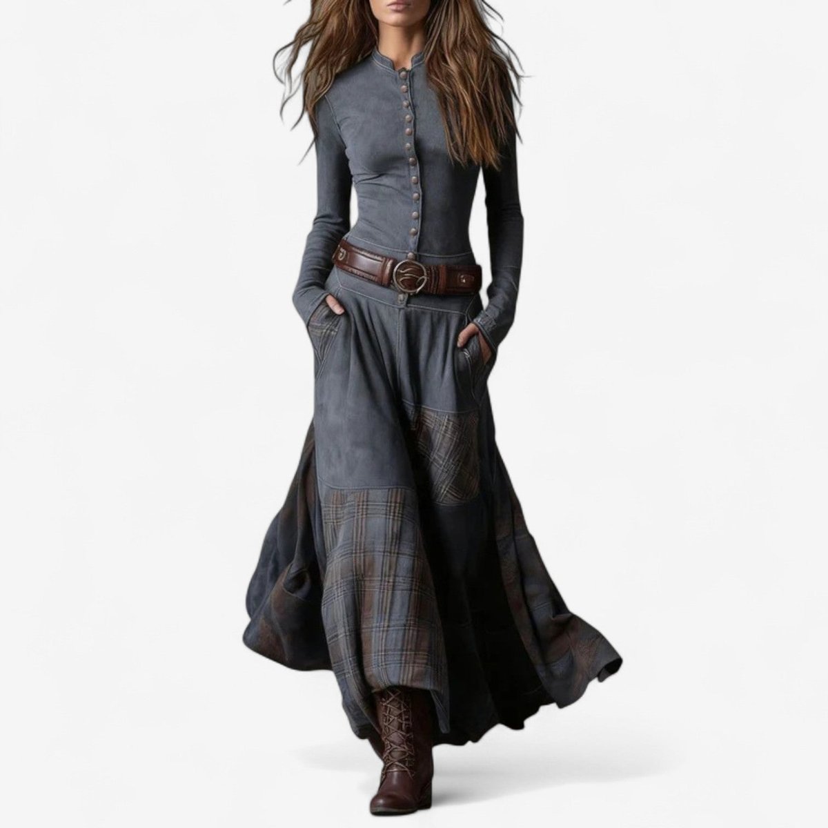 Lily | Women's Patchwork Plaid Maxi Long Sleeve Dress Button-Front