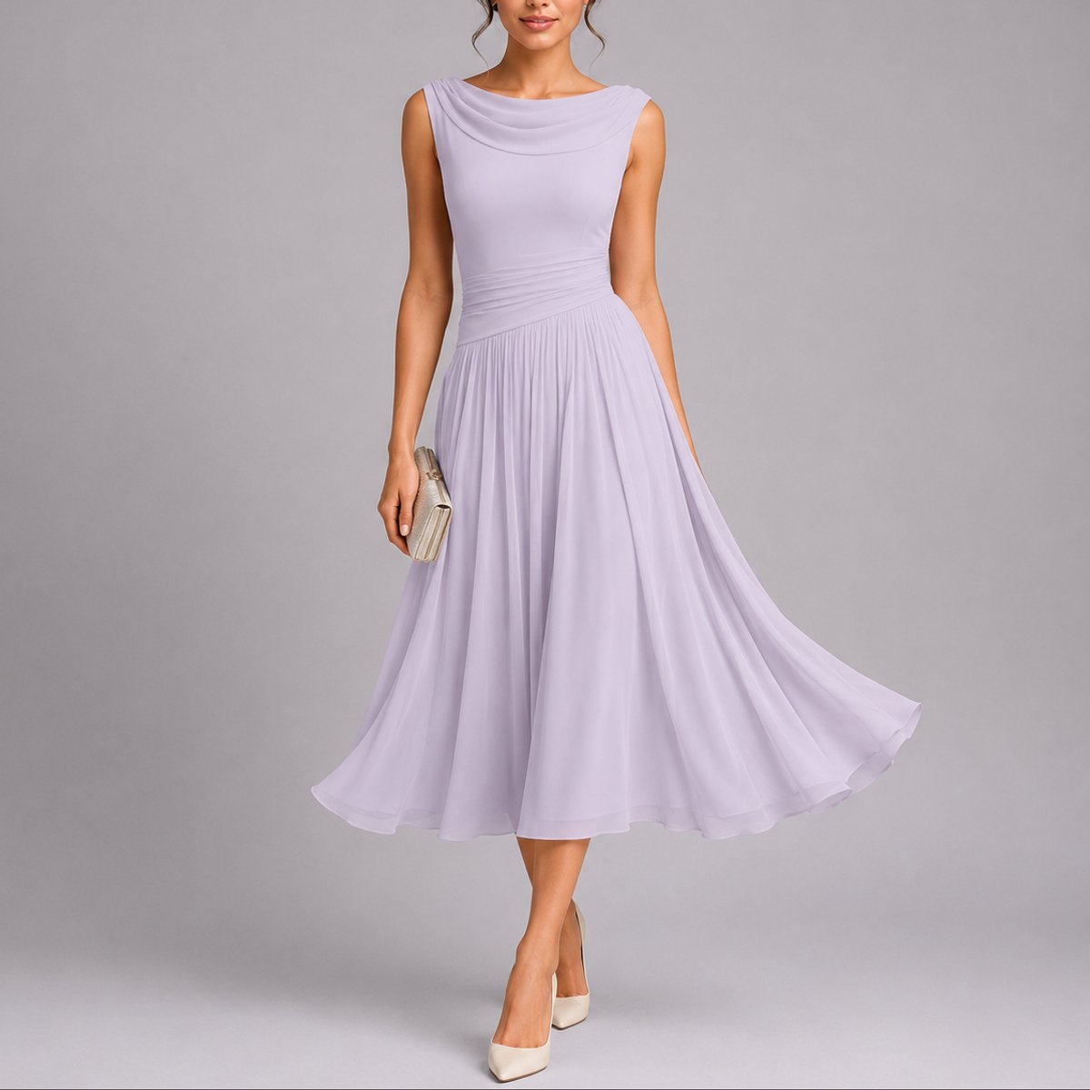 Phoebe | Women's Pleated Chiffon Midi Fall Wedding Guest Dress Draped Neck