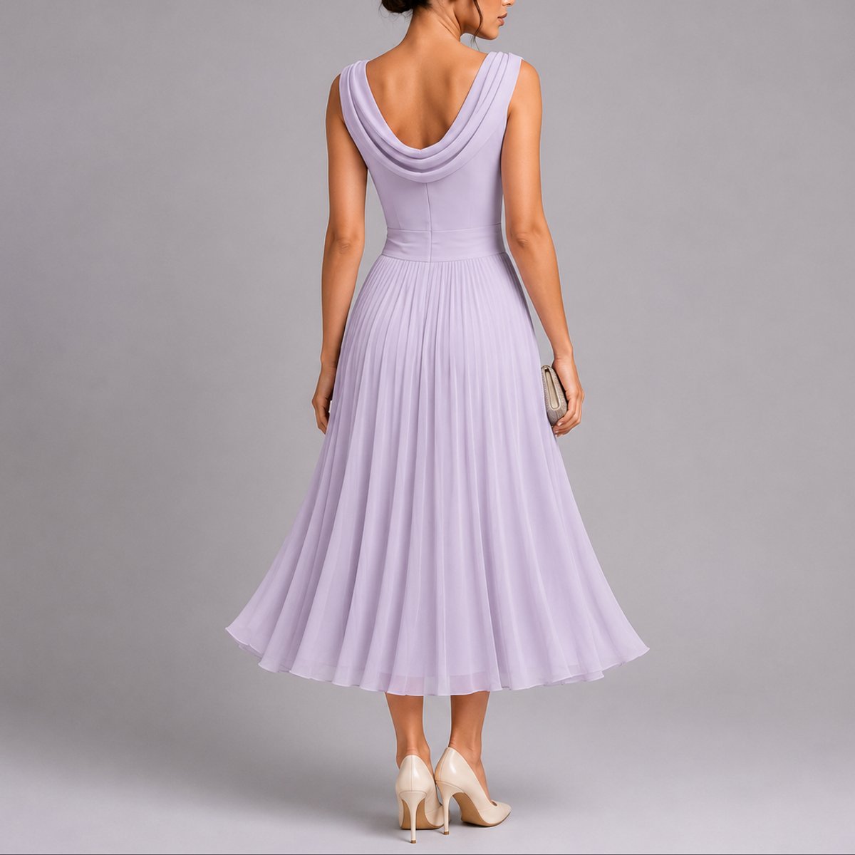 Phoebe | Women's Pleated Chiffon Midi Fall Wedding Guest Dress Draped Neck