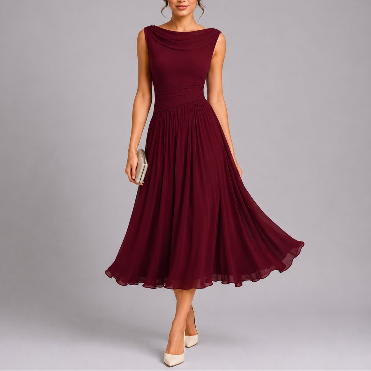 Phoebe | Women's Pleated Chiffon Midi Fall Wedding Guest Dress Draped Neck