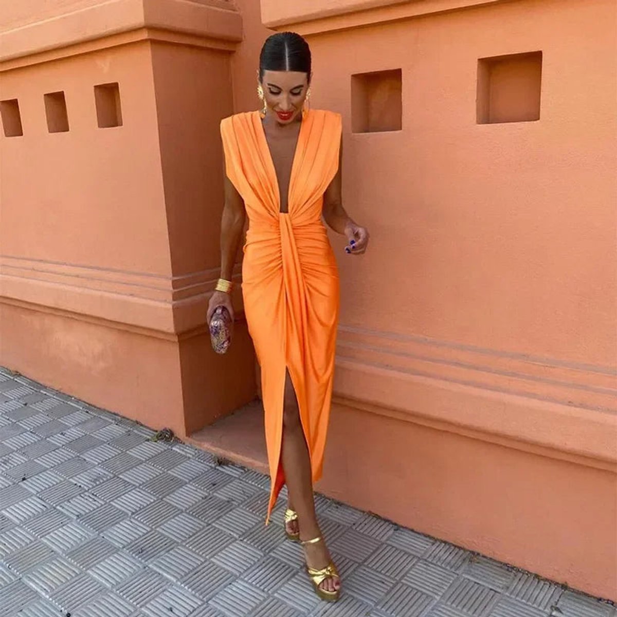 Grace | Women's Pleated Sleeveless Deep V-Neck Midi Dress