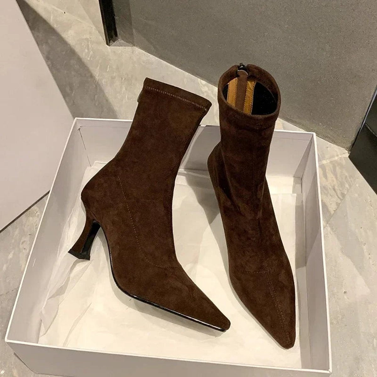 Ella | Women's Pointed Toe Sock Ankle Boots Kitten Heel Pull-On