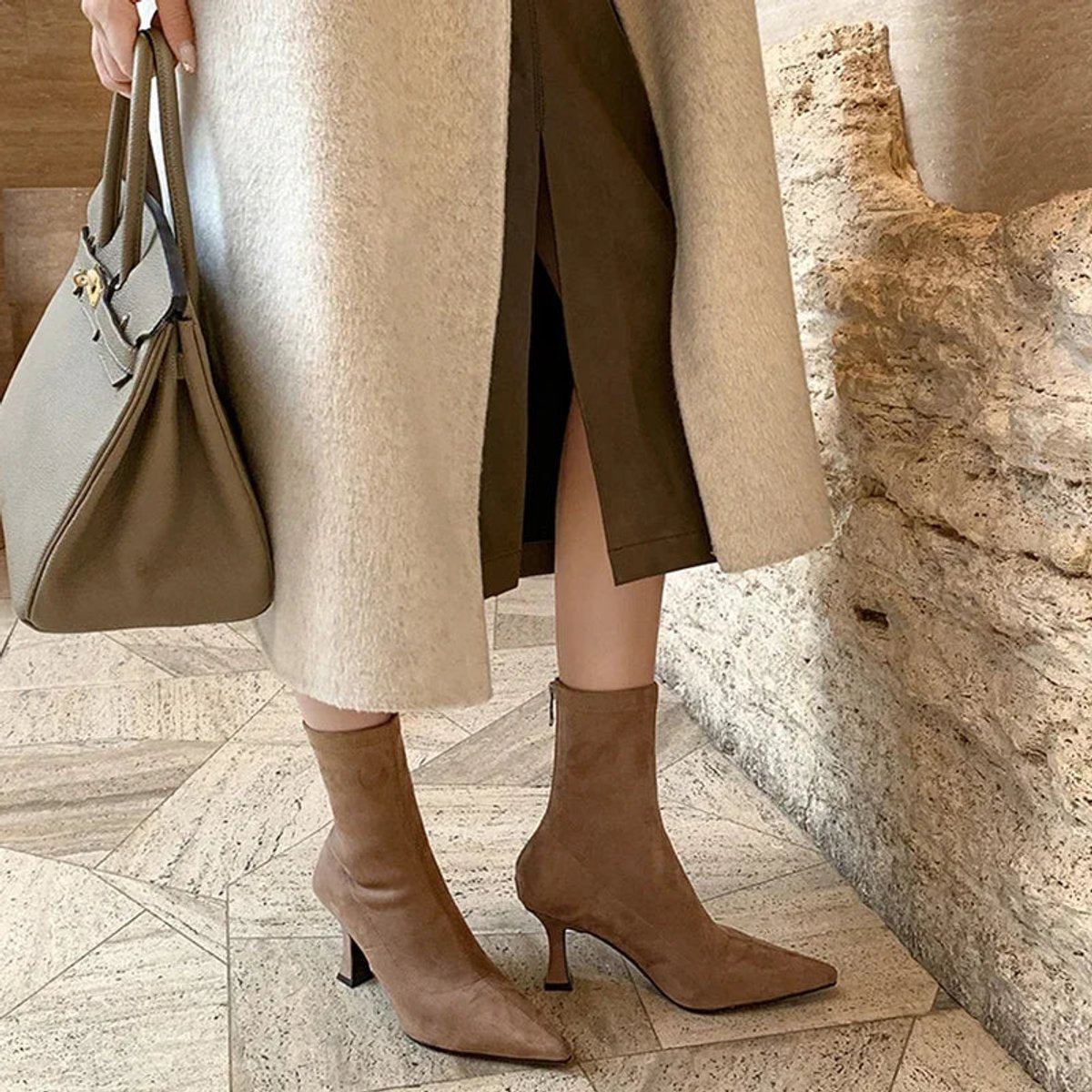 Ella | Women's Pointed Toe Sock Ankle Boots Kitten Heel Pull-On