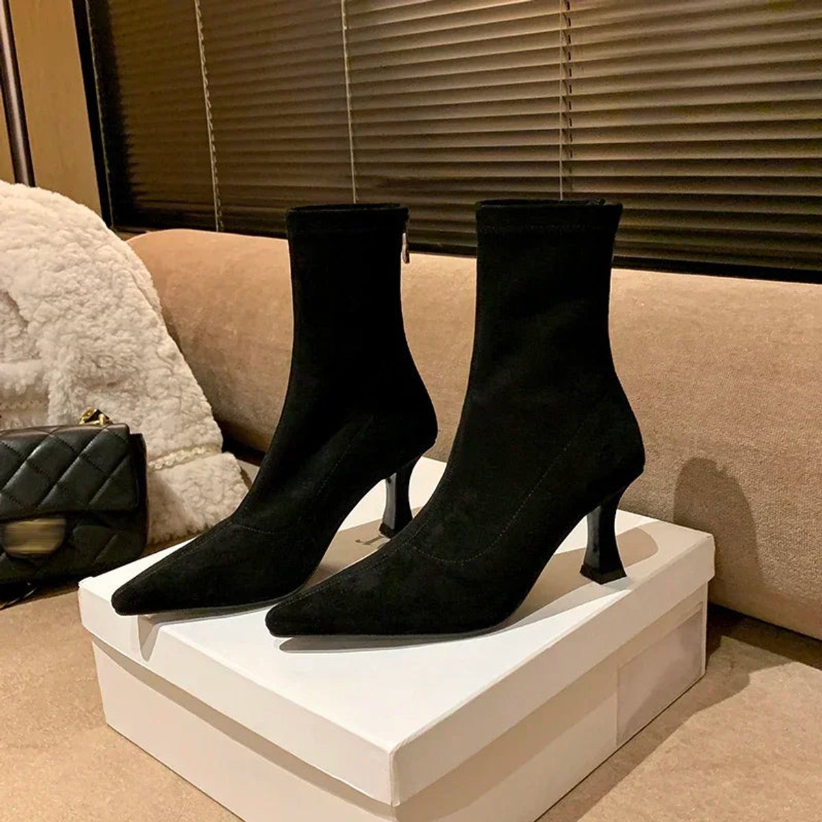 Ella | Women's Pointed Toe Sock Ankle Boots Kitten Heel Pull-On