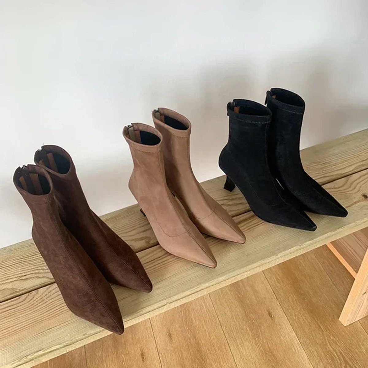Ella | Women's Pointed Toe Sock Ankle Boots Kitten Heel Pull-On