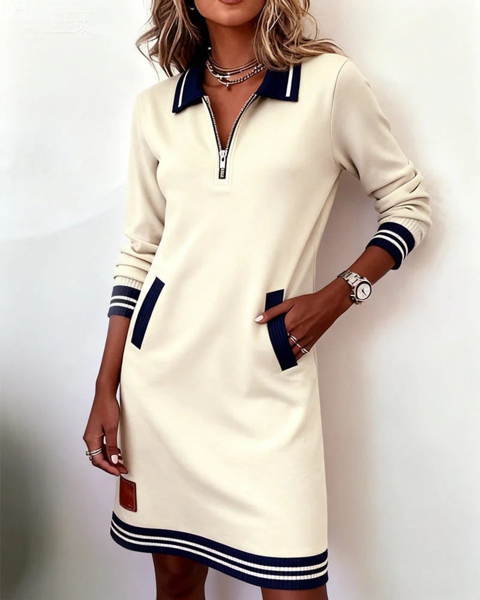 Ella | Women's Polo Zip-Neck Long Sleeve Dress Striped Trim Side Pockets
