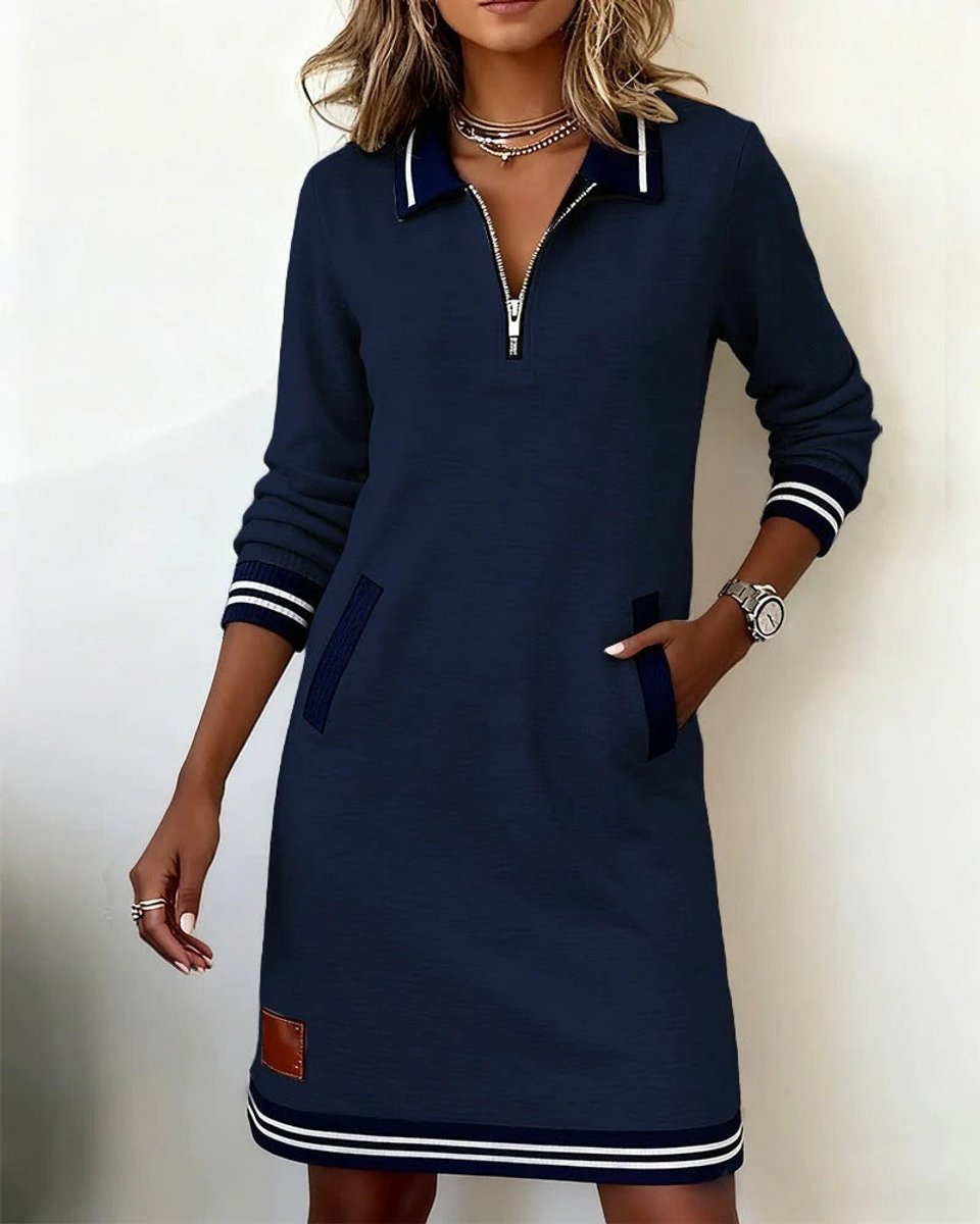 Ella | Women's Polo Zip-Neck Long Sleeve Dress Striped Trim Side Pockets