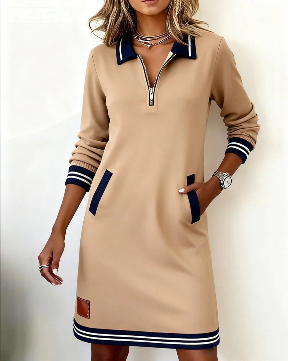 Ella | Women's Polo Zip-Neck Long Sleeve Dress Striped Trim Side Pockets