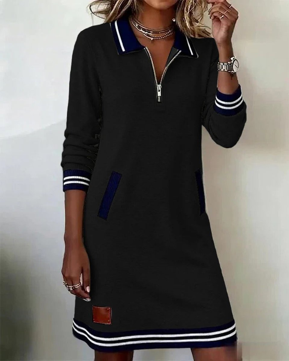 Ella | Women's Polo Zip-Neck Long Sleeve Dress Striped Trim Side Pockets