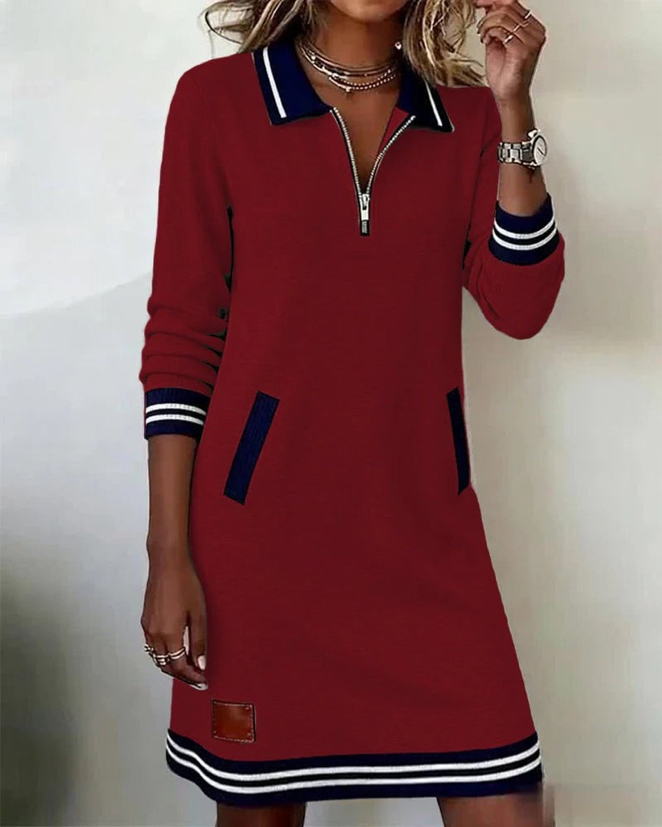 Ella | Women's Polo Zip-Neck Long Sleeve Dress Striped Trim Side Pockets