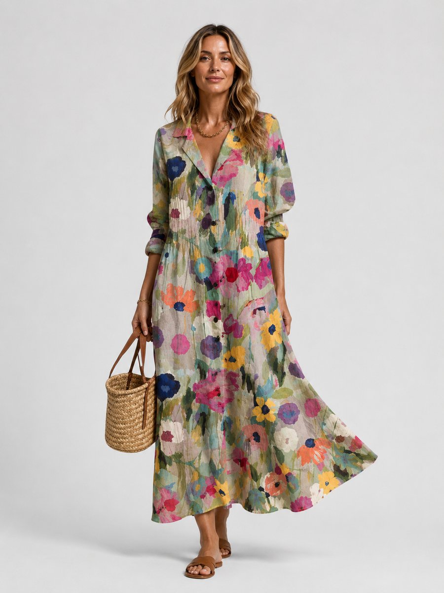 Emily | Women's Printed Maxi Shirt Dress Relaxed Flowing Button-Front