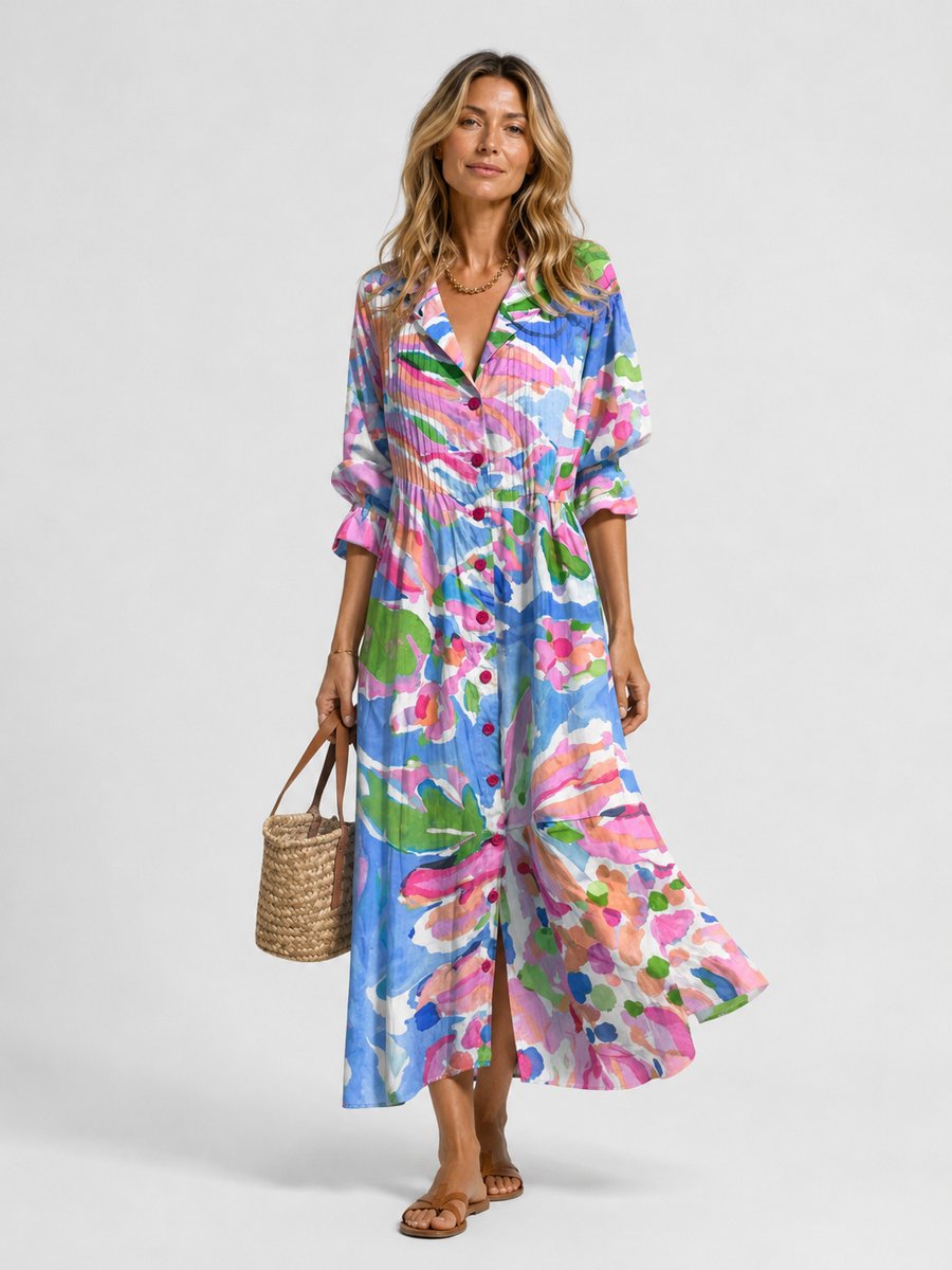 Emily | Women's Printed Maxi Shirt Dress Relaxed Flowing Button-Front