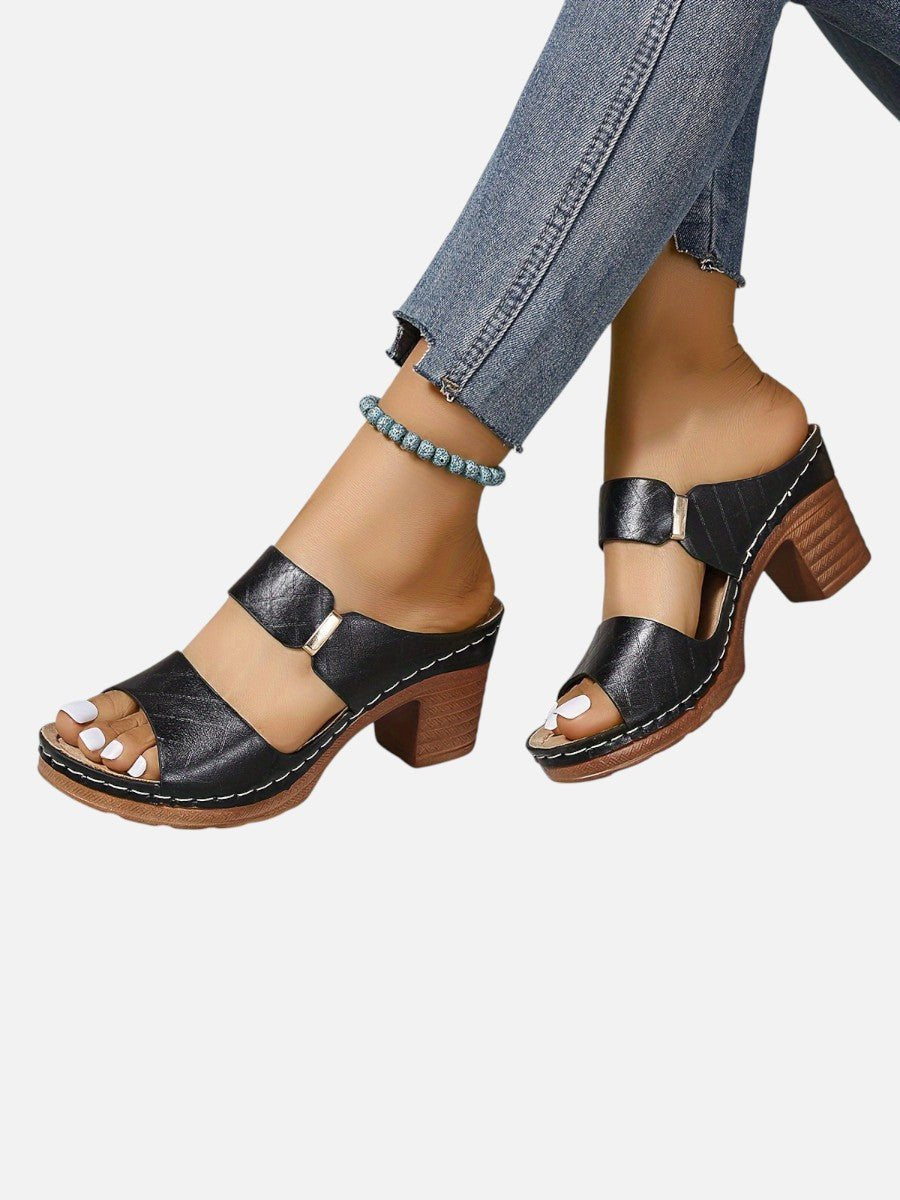 Sophie | Women's Quilted Faux Leather Block Heel Open Toe Mule Sandals