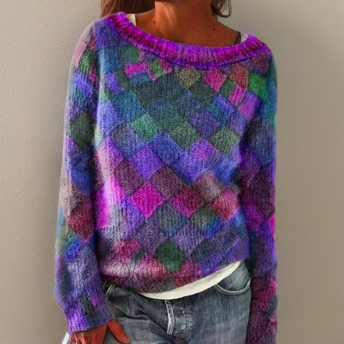 Willow | Women's Relaxed-Fit Diamond-Pattern Knit Sweater Jumper